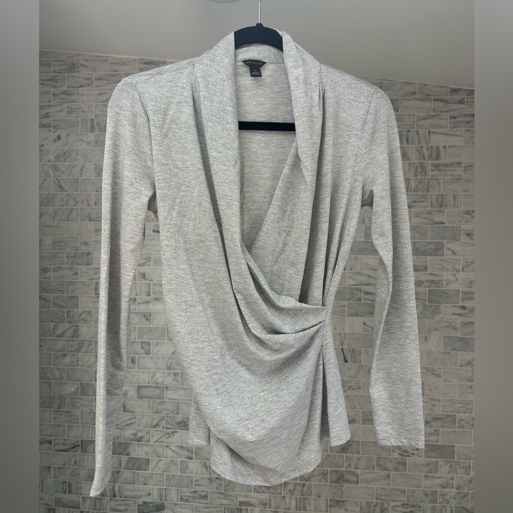 Ann Taylor Sparkly Silver Faux-Wrap Long Sleeve